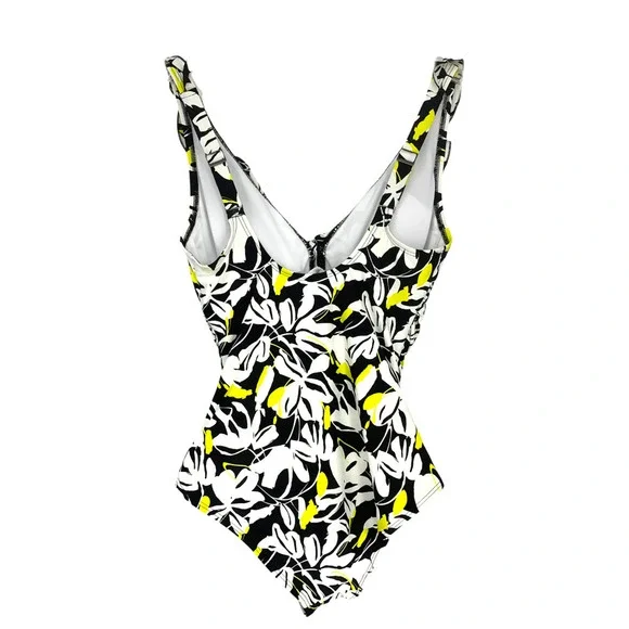 NWT DKNY Sz M Black & Yellow Floral Ruffle Trim One Piece Swim Bathing Suit NEW - Picture 9 of 9